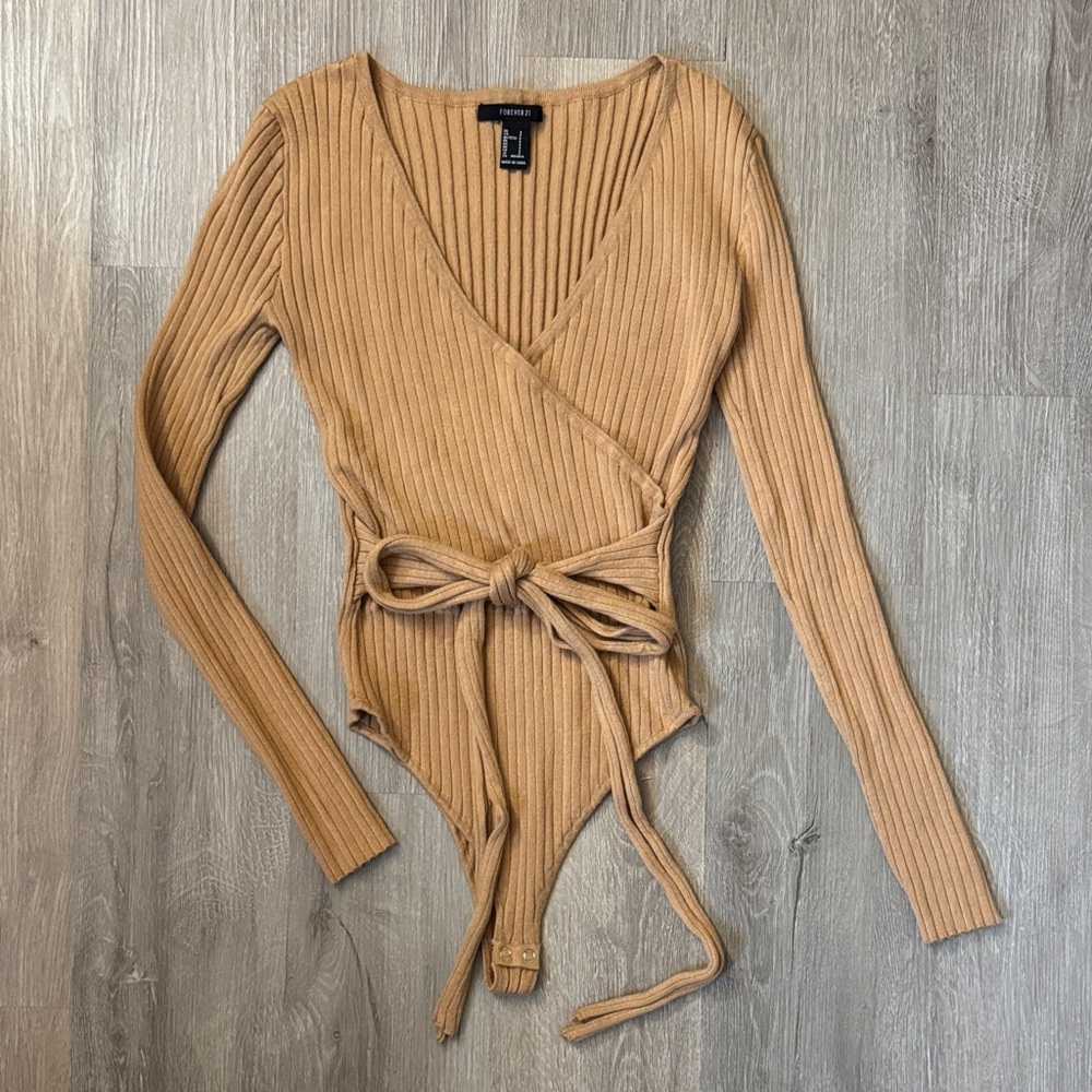 Forever 21 Tan Ribbed Wrap Bodysuit - Long Sleeve V-Neck